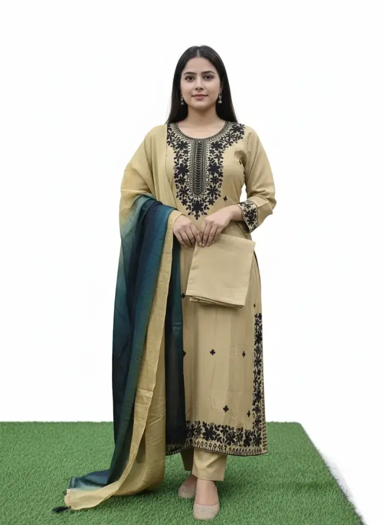 Embroidered Kurta Set (Golden, XL)